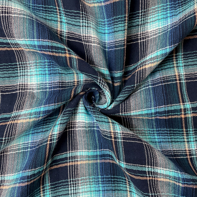 Navy-Teal-Multi Cotton Plaid Herringbone Twill Woven Fabric