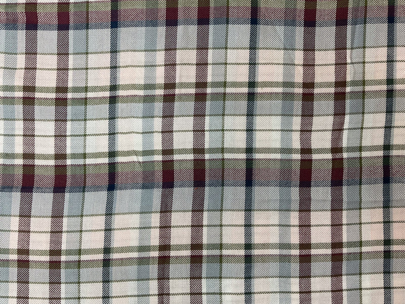 Green-White-Burgundy Rayon Plaid Twill Woven Fabric