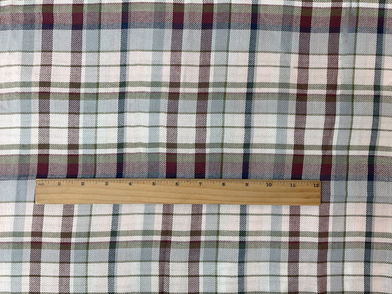 Green-White-Burgundy Rayon Plaid Twill Woven Fabric