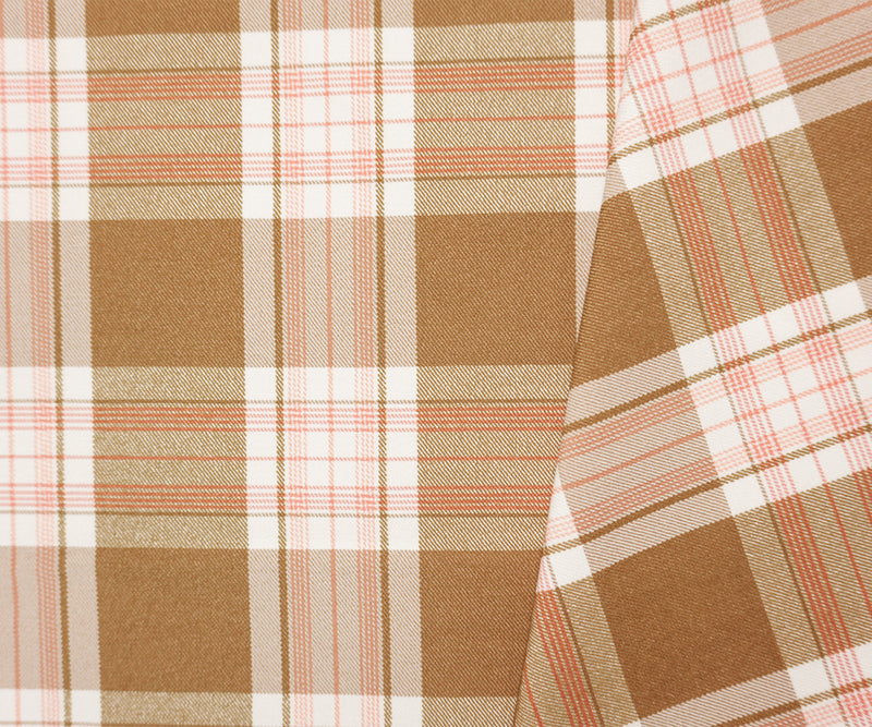 Brown-Coral Rayon Cotton Spandex Stretch Plaid Twill Woven Fabric