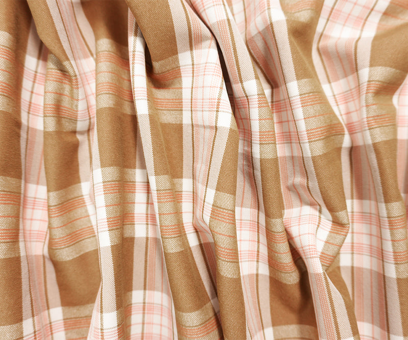 Brown-Coral Rayon Cotton Spandex Stretch Plaid Twill Woven Fabric