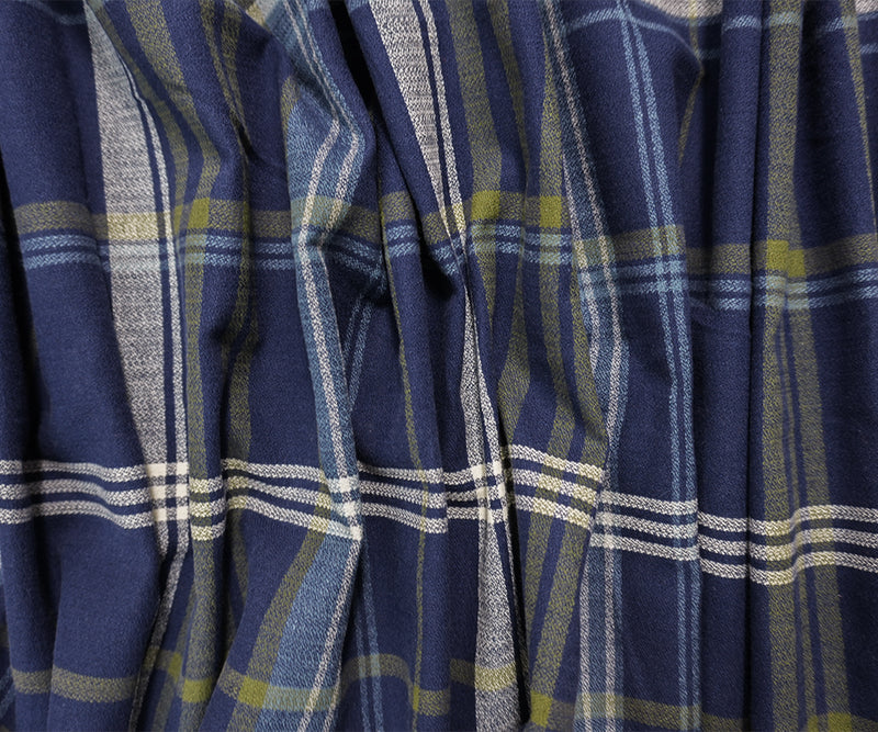 Blue-Green Cotton Plaid Momie Crepe Woven Fabric
