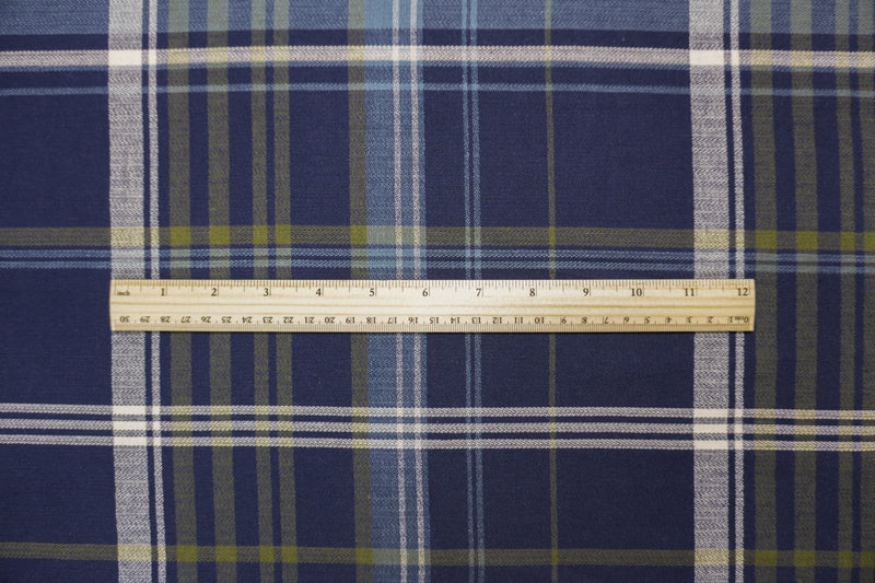 Blue-Green Cotton Plaid Momie Crepe Woven Fabric