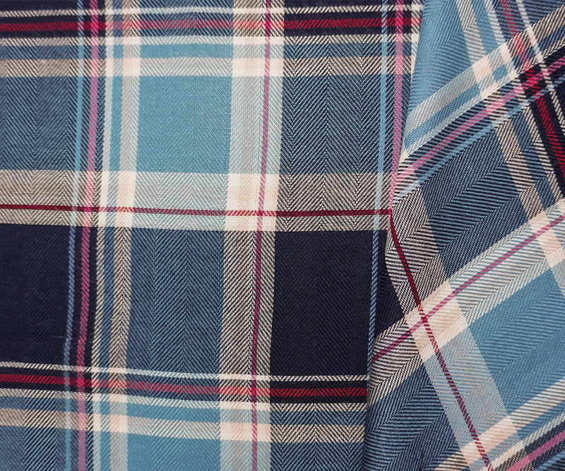 Blue-Red-Multi Rayon Plaid Twill Woven Fabric