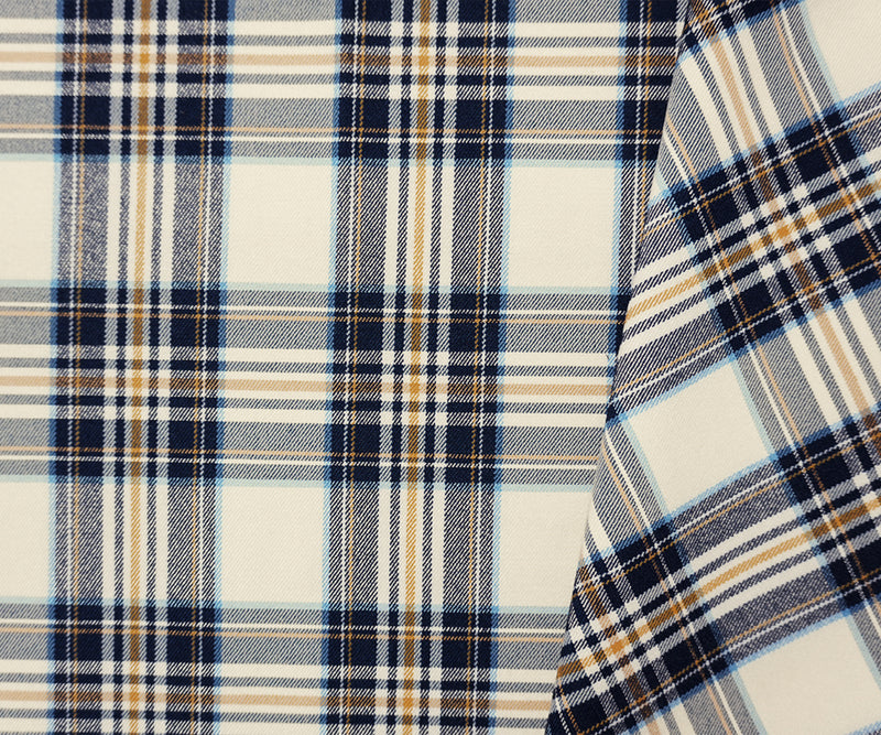 Blue-Yellow-Multi Rayon Cotton Stretch Plaid Twill Woven Fabric