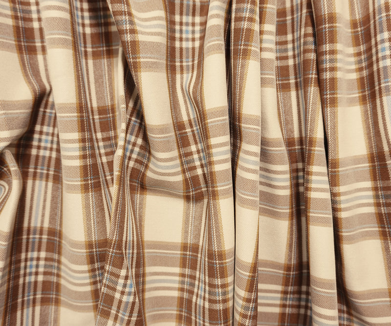 Brown-Blue-Ivory Rayon Cotton Stretch Plaid Twill Woven Fabric