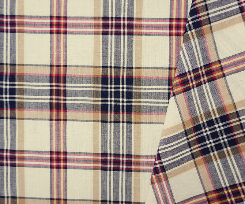 Deep Navy-White-Multi Cotton Plaid Madras Woven Fabric