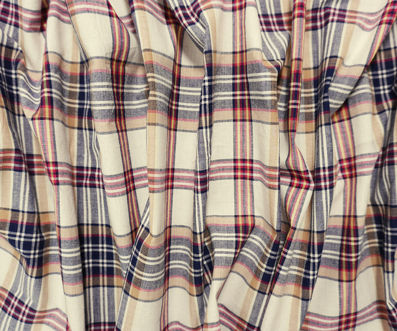 Deep Navy-White-Multi Cotton Plaid Madras Woven Fabric