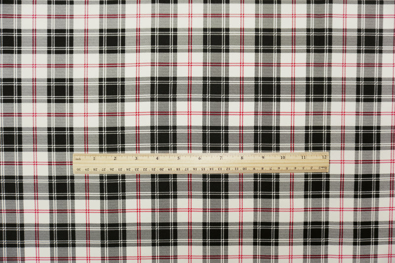 Black-White-Red Cotton Stretch Plaid Printed Twill Woven Fabric