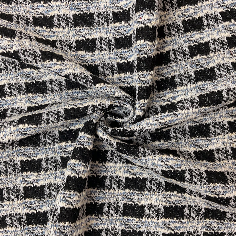 Black-Blue-Gold Poly Blend Boucle Plaid Jacquard Knit Fabric