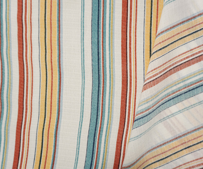 Teal-White-Multi Famous Maker Poly Linen-Like Stripe Woven Fabric