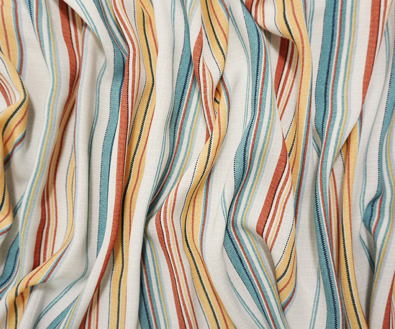 Teal-White-Multi Famous Maker Poly Linen-Like Stripe Woven Fabric