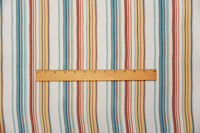 Teal-White-Multi Famous Maker Poly Linen-Like Stripe Woven Fabric
