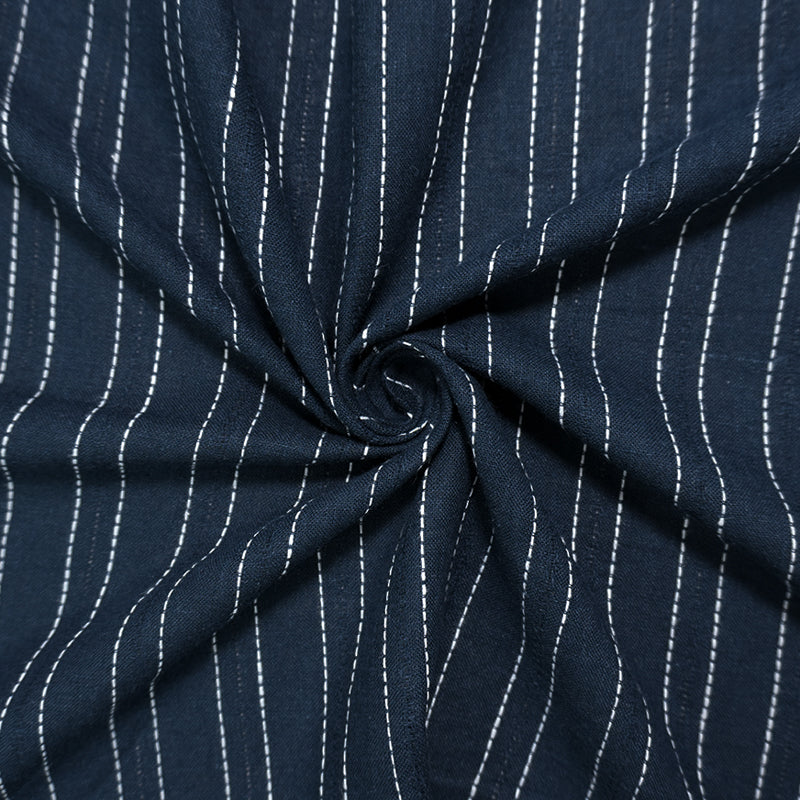 Navy-White Famous Maker Linen Rayon Stripe Dobby Woven Fabric