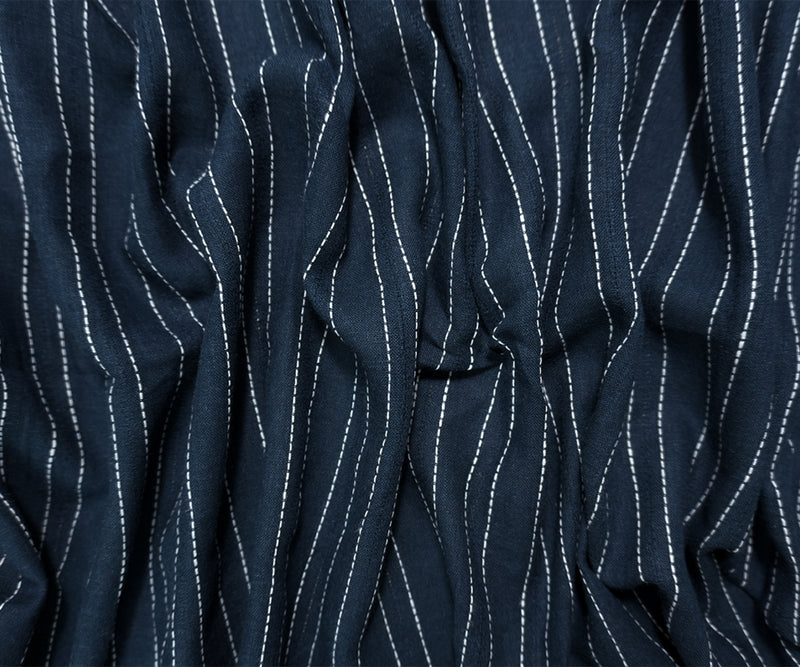 Navy-White Famous Maker Linen Rayon Stripe Dobby Woven Fabric