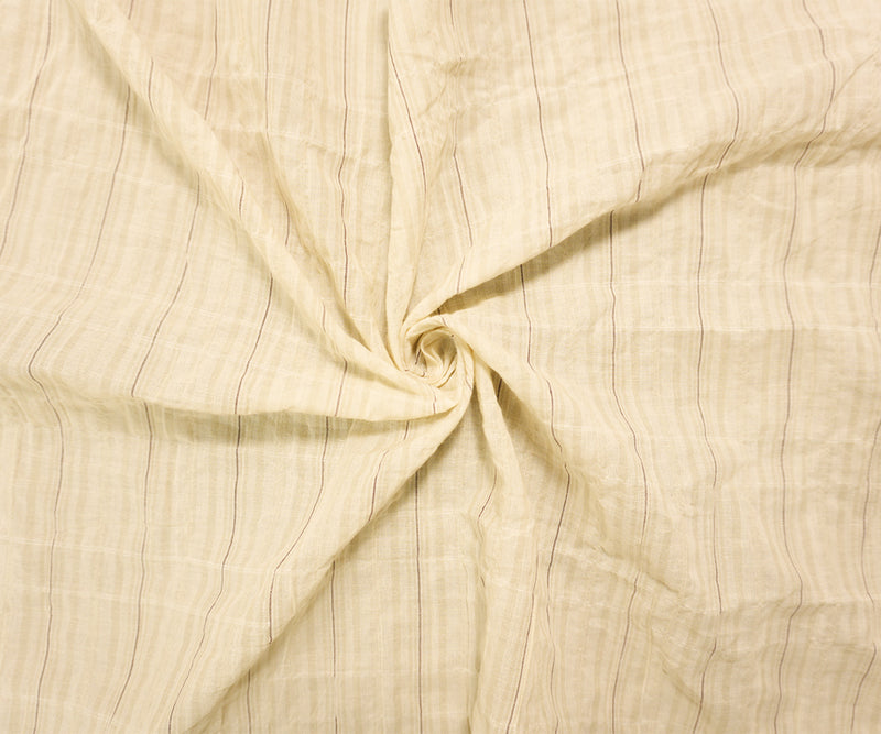 Beige-White Famous Maker Cotton Stripe-Plaid Crinkle Woven Fabric