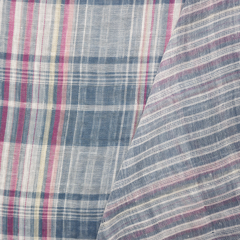 Blue-Pink Famous Maker Cotton Plaid-Stripe Double Gauze Fabric