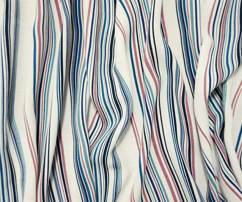 Blue-Teal-White Famous Maker Poly Linen-Like Stripe Woven Fabric