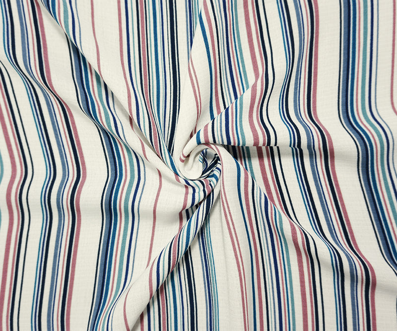 Blue-Teal-White Famous Maker Poly Linen-Like Stripe Woven Fabric