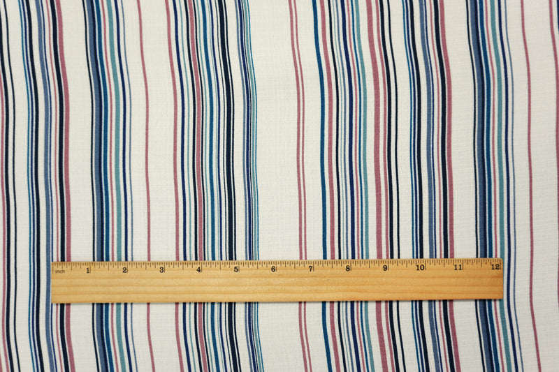 Blue-Teal-White Famous Maker Poly Linen-Like Stripe Woven Fabric