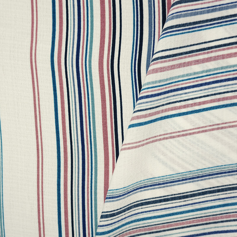 Blue-Teal-White Famous Maker Poly Linen-Like Stripe Woven Fabric