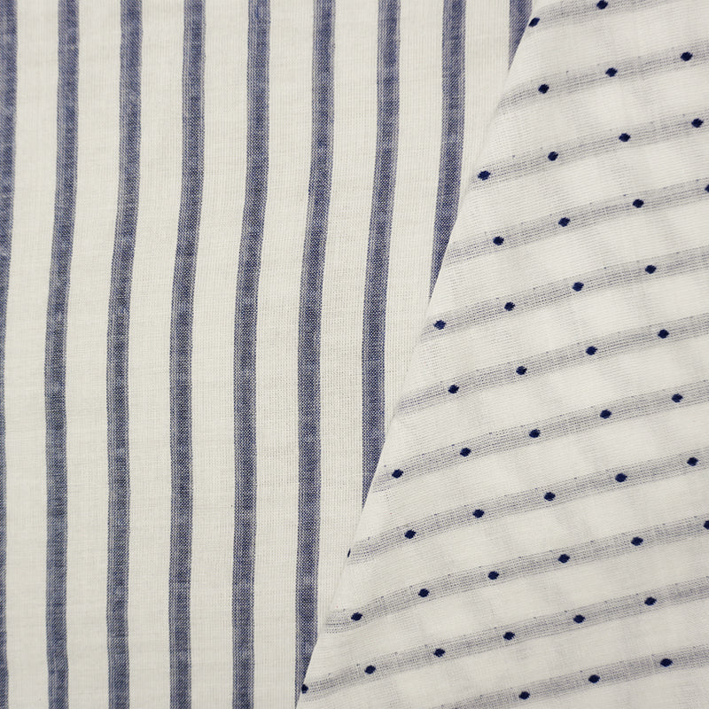 White-Blue Famous Maker Cotton Stripe Dot Double Gauze Fabric