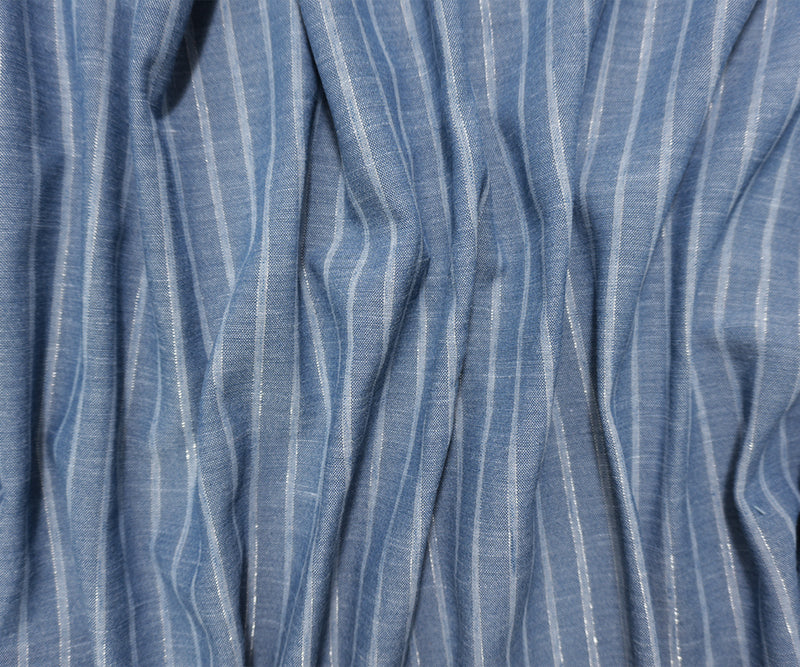 Blue-Silver Famous Maker Linen-like Poly Lurex Stripe Fabric