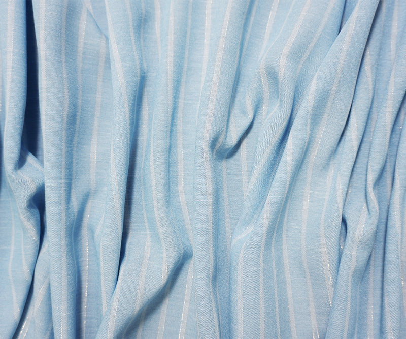 Blue-Silver-White Famous Maker Poly Lurex Stripe Woven Fabric