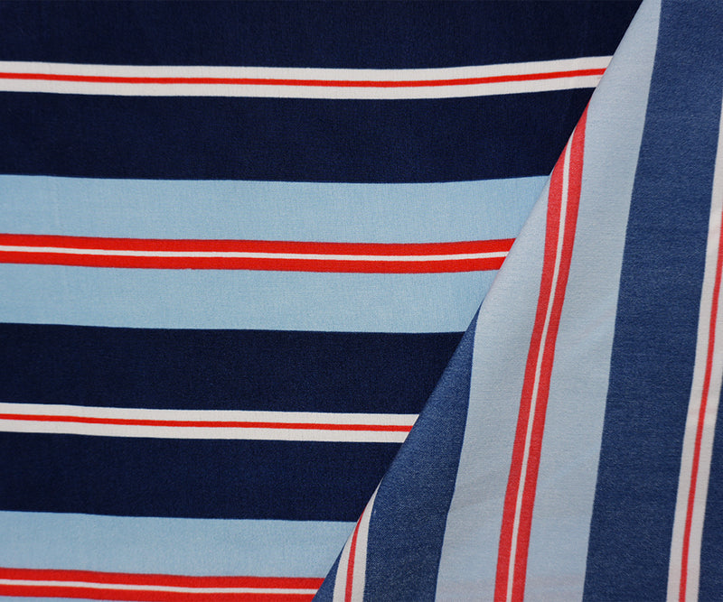 Blue-Red-Multi Famous Maker Poly Stripe Challis Woven Fabric