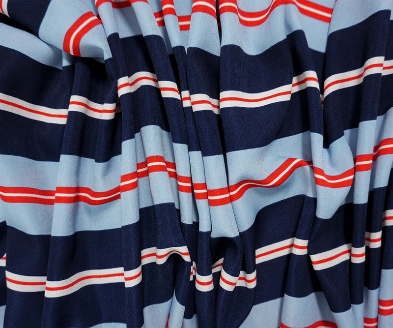 Blue-Red-Multi Famous Maker Poly Stripe Challis Woven Fabric