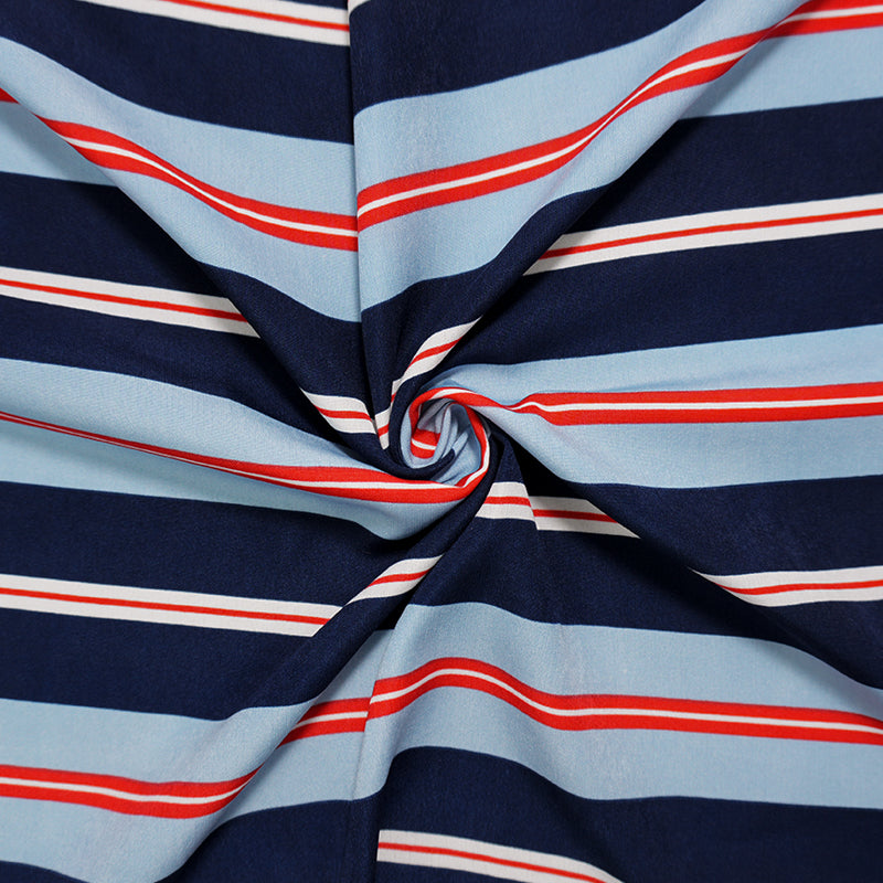 Blue-Red-Multi Famous Maker Poly Stripe Challis Woven Fabric