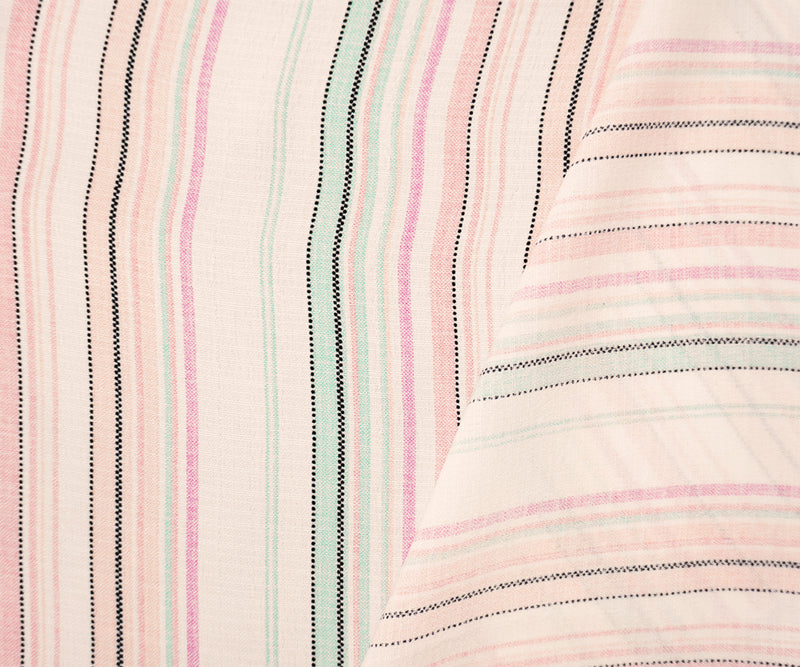 Pink-White-Green Poly Stripe Slub Woven Fabric