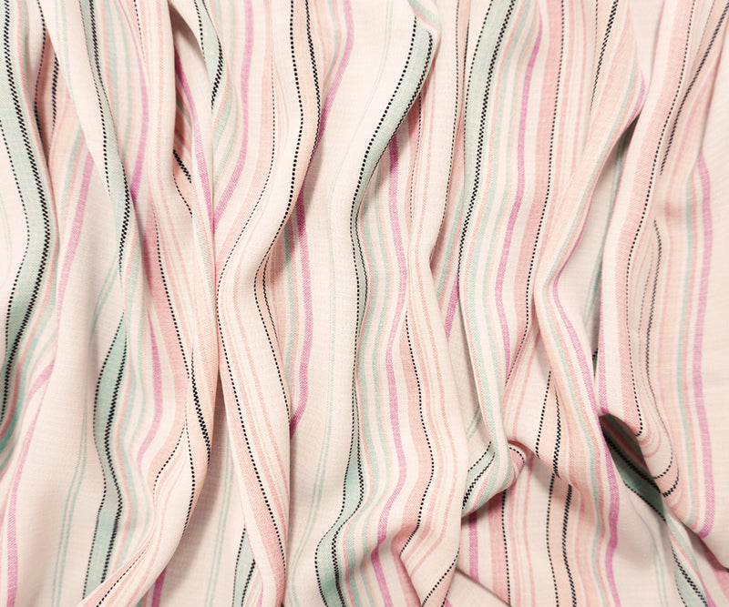 Pink-White-Green Poly Stripe Slub Woven Fabric