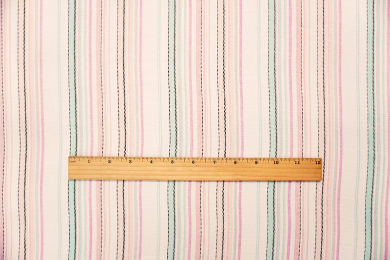 Pink-White-Green Poly Stripe Slub Woven Fabric