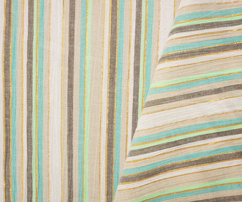 Beige-Teal-Gold Famous Maker Cotton Lurex Stripe Gauze Fabric