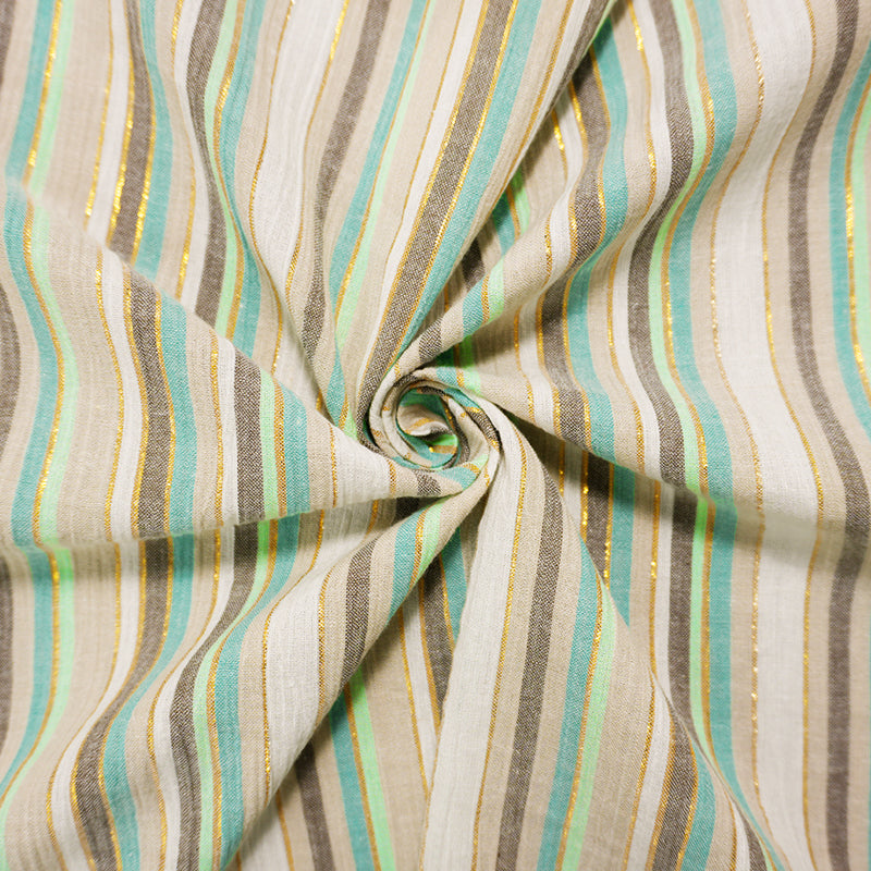 Beige-Teal-Gold Famous Maker Cotton Lurex Stripe Gauze Fabric