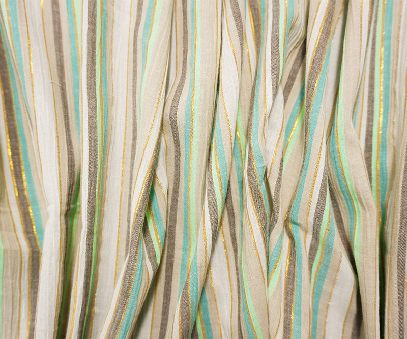Beige-Teal-Gold Famous Maker Cotton Lurex Stripe Gauze Fabric
