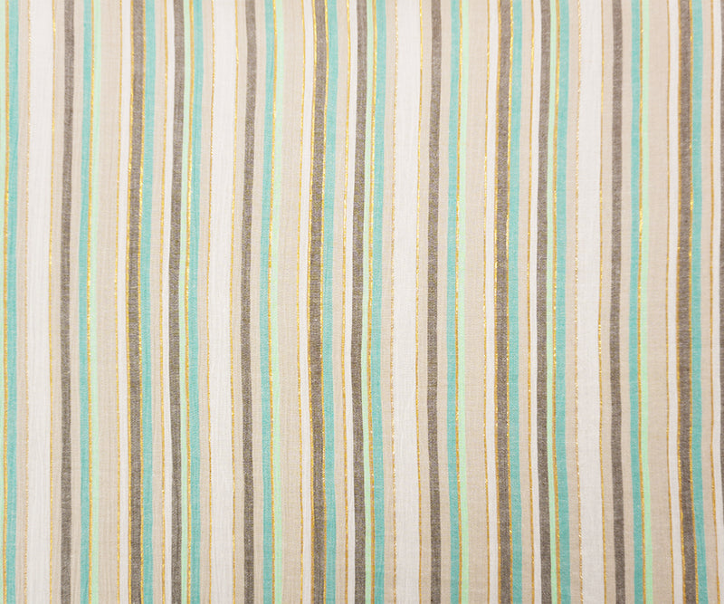 Beige-Teal-Gold Famous Maker Cotton Lurex Stripe Gauze Fabric
