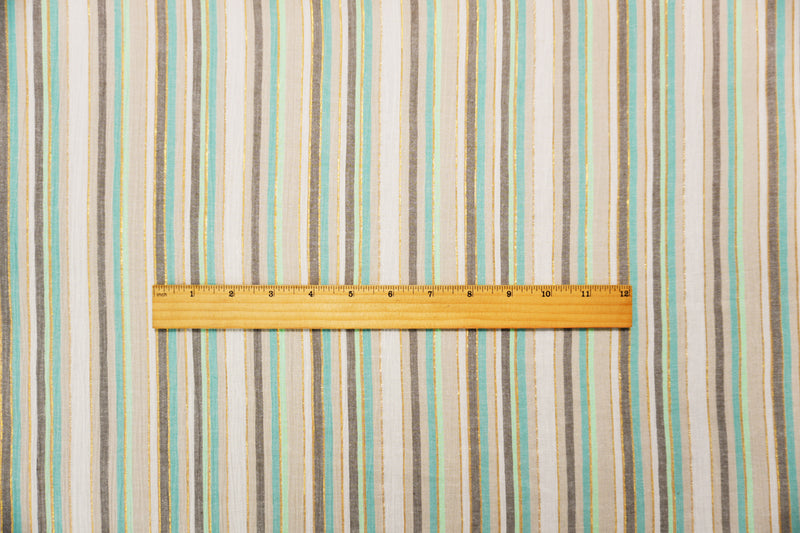 Beige-Teal-Gold Famous Maker Cotton Lurex Stripe Gauze Fabric