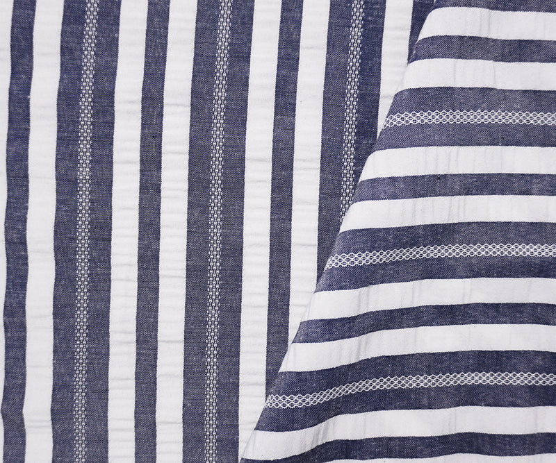 Navy-White Famous Maker Poly Crinkled Stripe Dobby Woven Fabric
