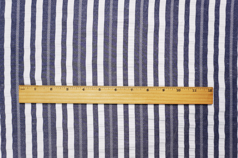 Navy-White Famous Maker Poly Crinkled Stripe Dobby Woven Fabric