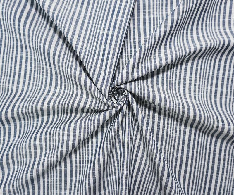 Navy Blue-White Famous Maker Cotton Stripe Slub Woven Fabric