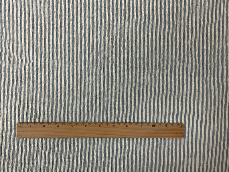 Blue-Ivory Poly Rayon Stretch Stripe Seersucker Woven Fabric
