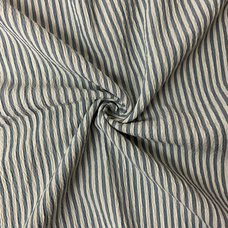 Blue-Ivory Poly Rayon Stretch Stripe Seersucker Woven Fabric
