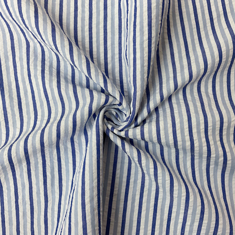 Blue-White Poly Rayon Stripe Seersucker Woven Fabric