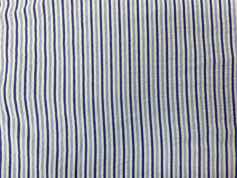 Blue-White Poly Rayon Stripe Seersucker Woven Fabric