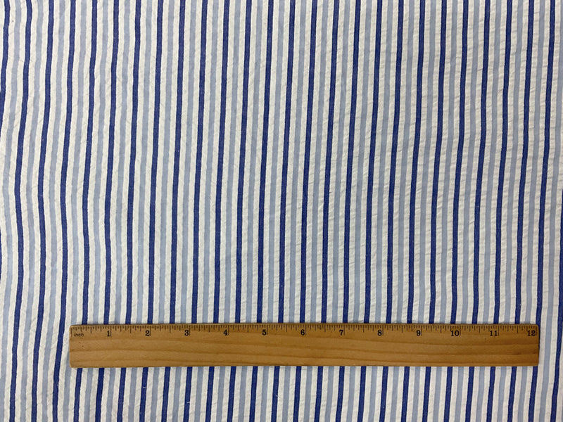 Blue-White Poly Rayon Stripe Seersucker Woven Fabric