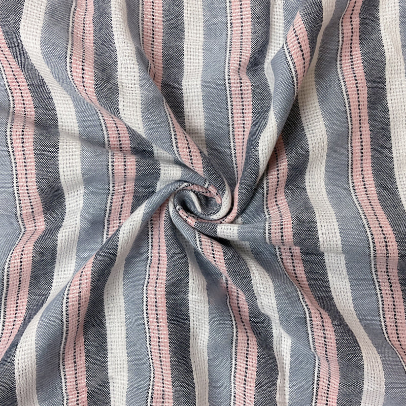 Blue-Pink-White Cotton Rayon Stripe Dobby Woven Fabric