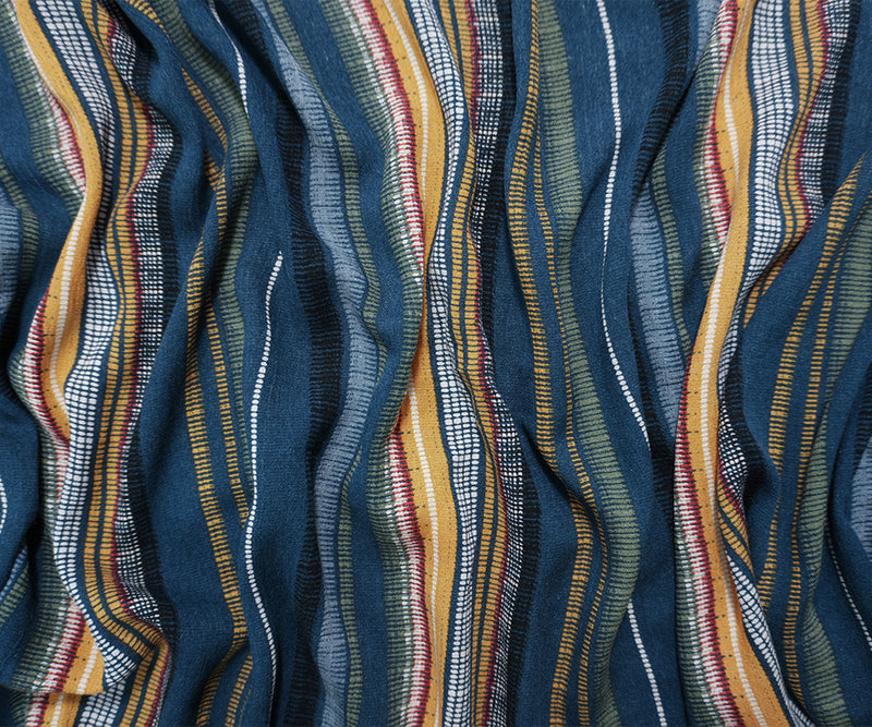 Blue-Green-Multi Rayon Stripe Crepon Woven Fabric