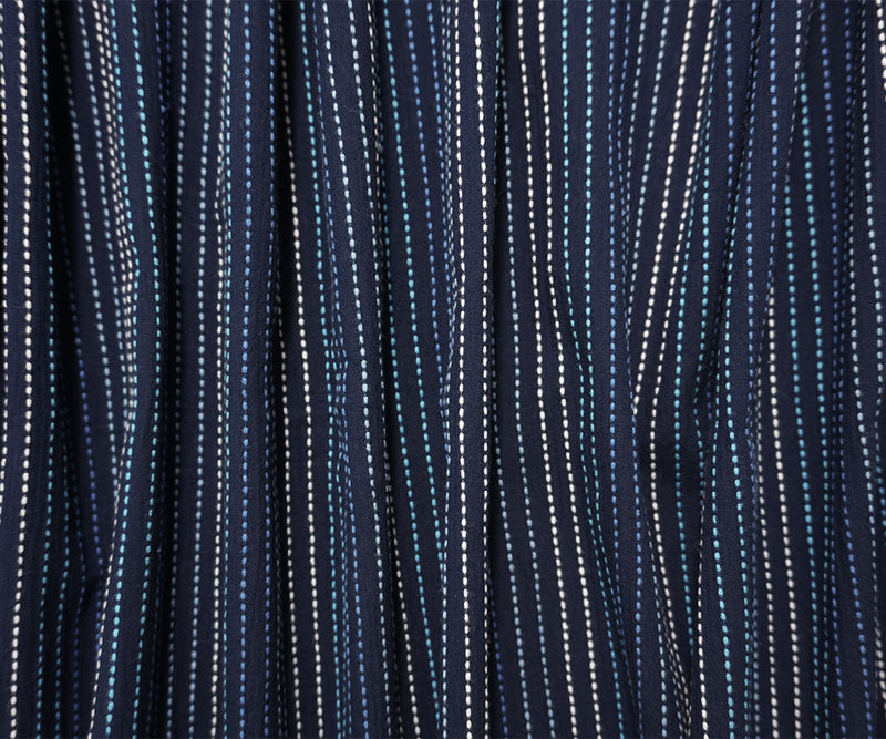 Navy-Blue-White Cotton Stripe Crinkled Dobby Gauze Woven Fabric
